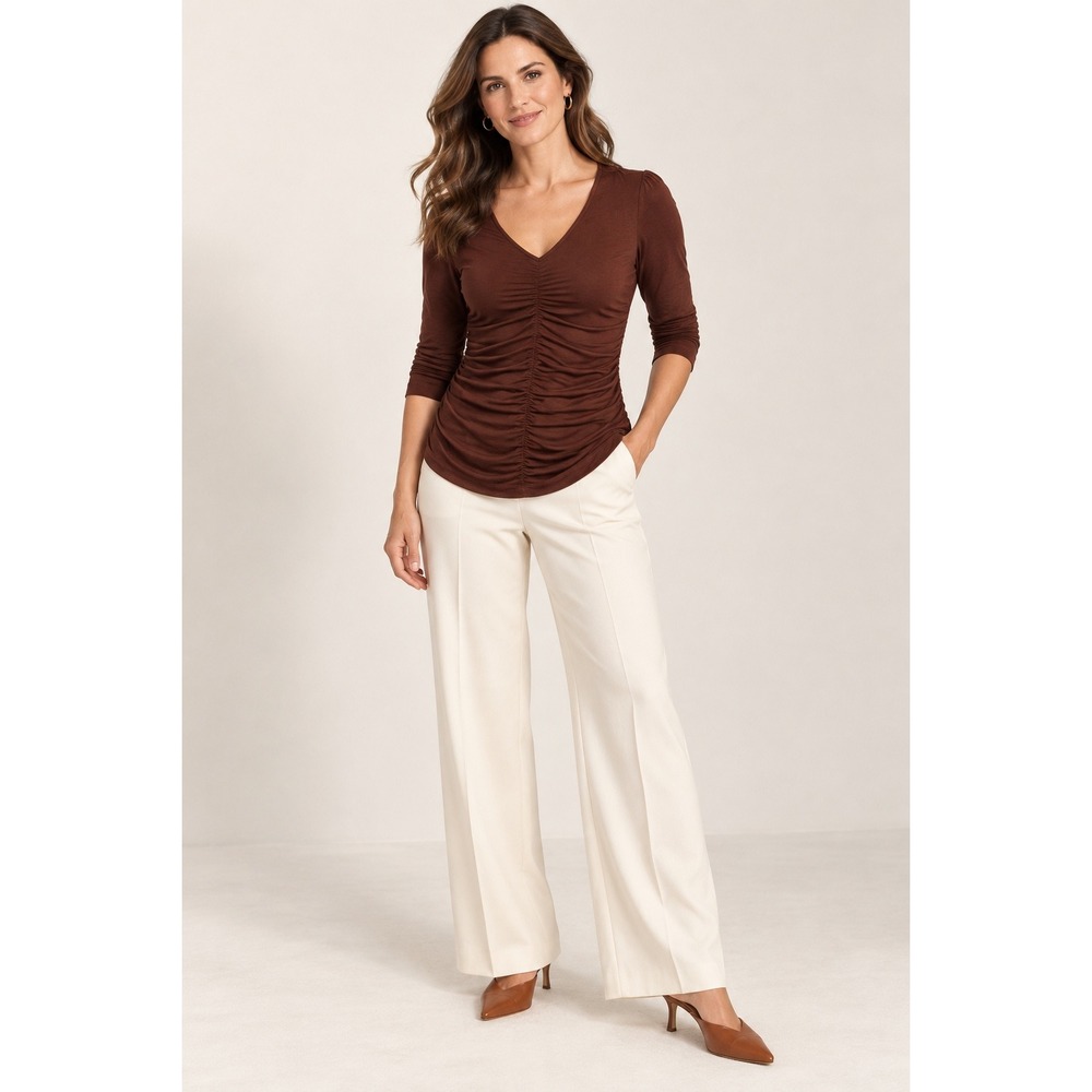 Cabi Brown Ruched V-Neck Top Style 800 Elbow Sleeve Minimalist Y2K Large